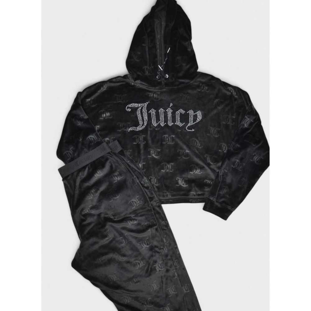 Juicy Couture Tracksuit Womens XL Black Velour Cropped Rhinestone Logo Y2k